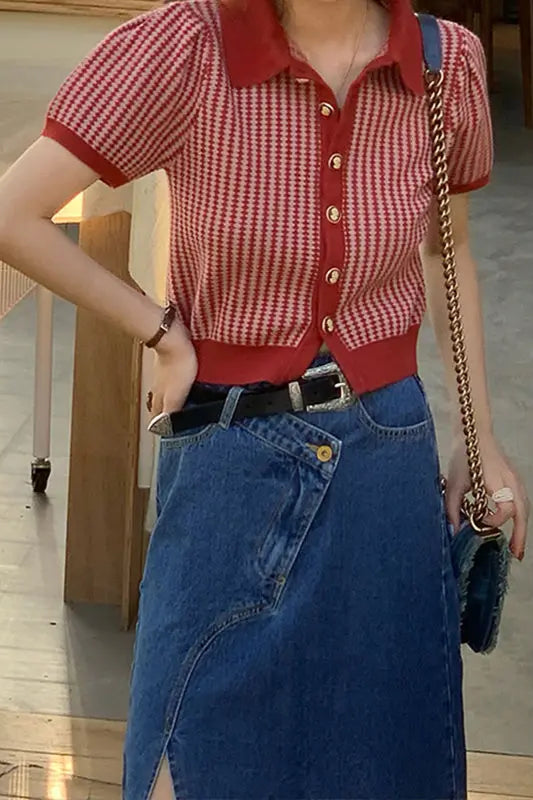 Thin Knit Turn-down Collar Short Sleeve Cardigan 3