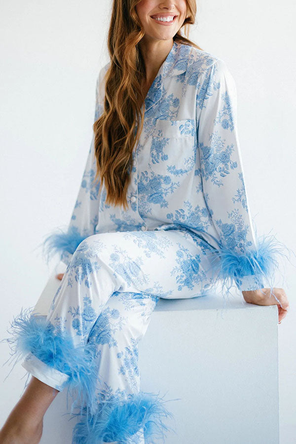 Sweet Daydreamer Floral Printed Feather Trim Elastic Waist Pocketed Pajama Set - Fashionpara