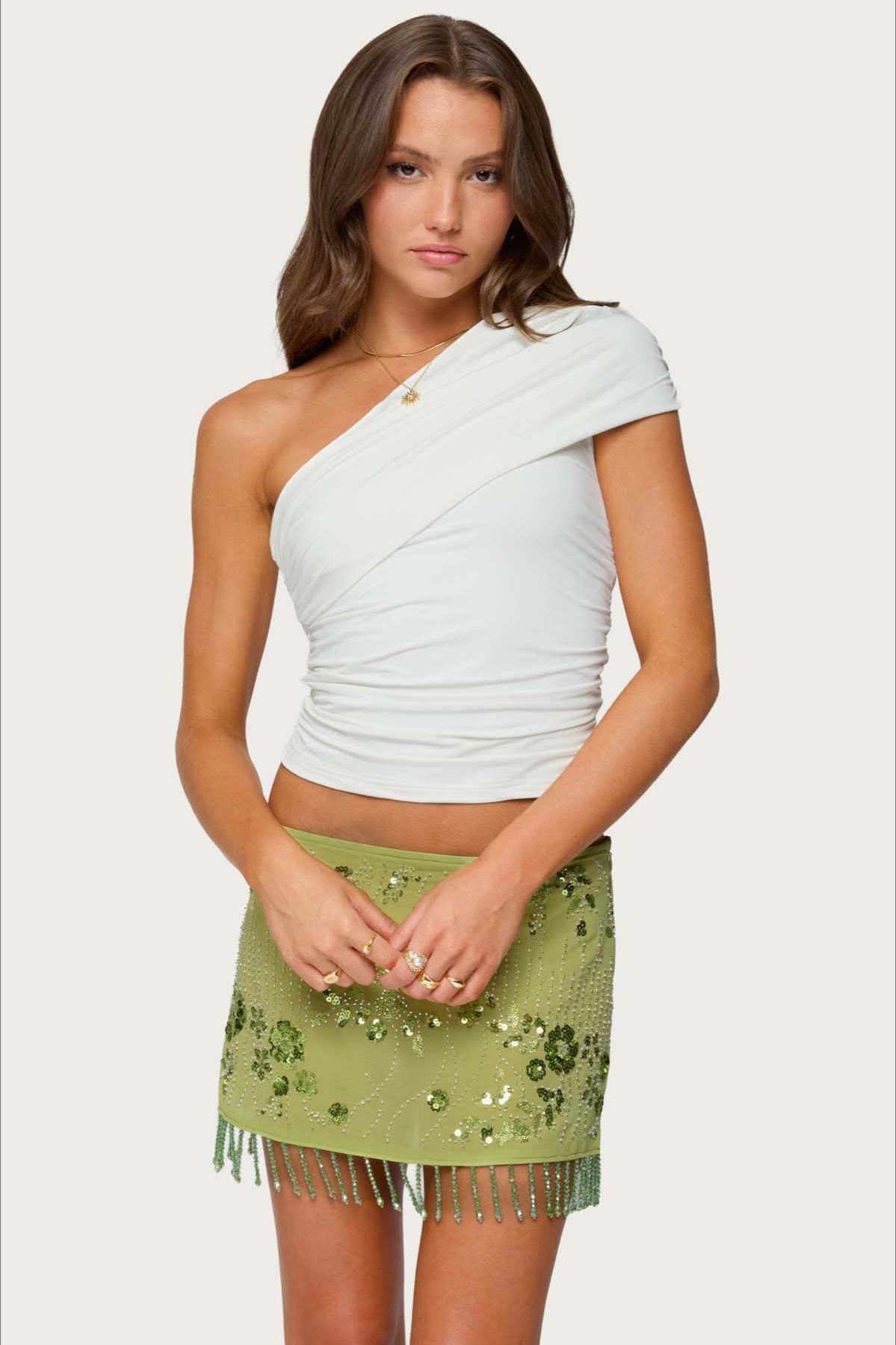 Sequin Floral Print High Waist Mini Skirt