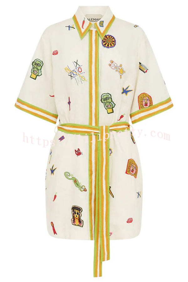 Britt Linen Blend Unique Printed Short Sleeved Pocket Tie Waist Mini Dress - Fashionpara