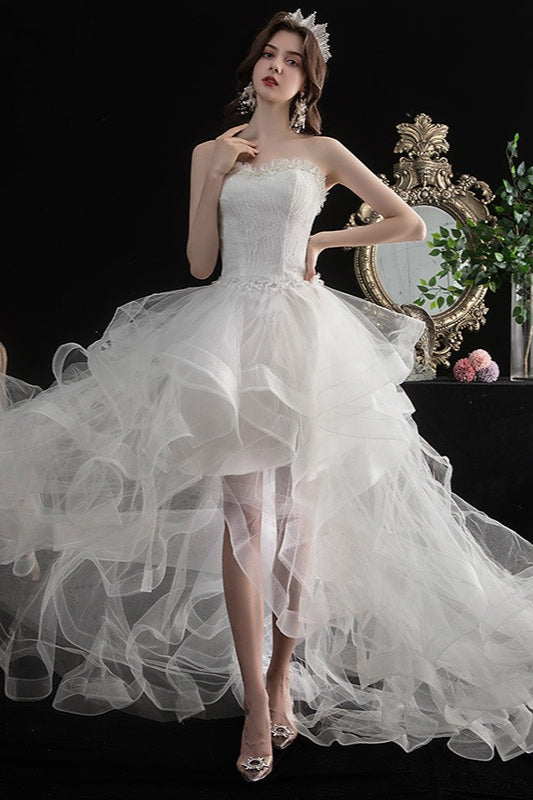 Strapless Lace Bodice Tiered Ruffle Tulle High Low Gown 2