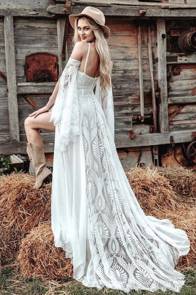 Lace Halter Neck Bell Sleeve High Split Boho Bridal Gown 2