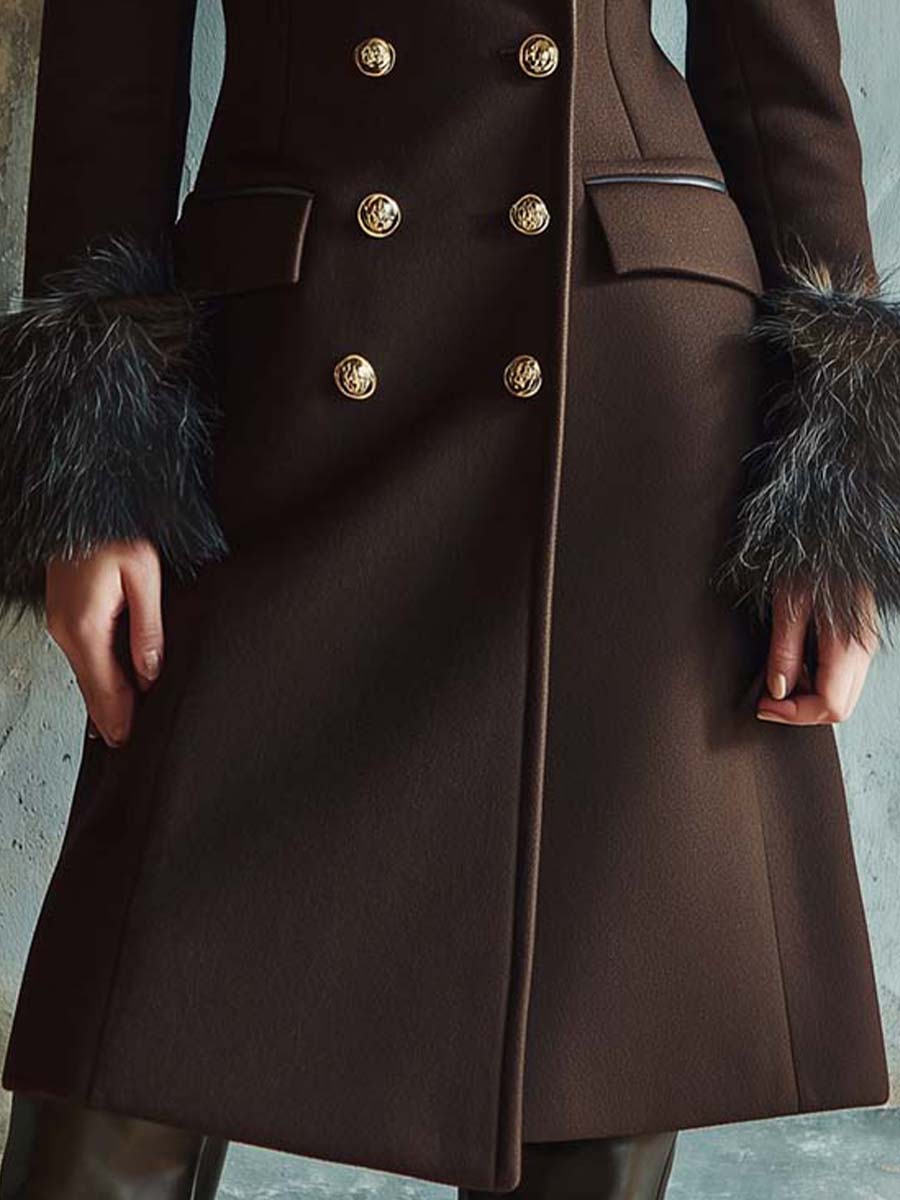 Espresso Brown Wool Blend Long Coat With Faux Fur Collar - Fashionpara
