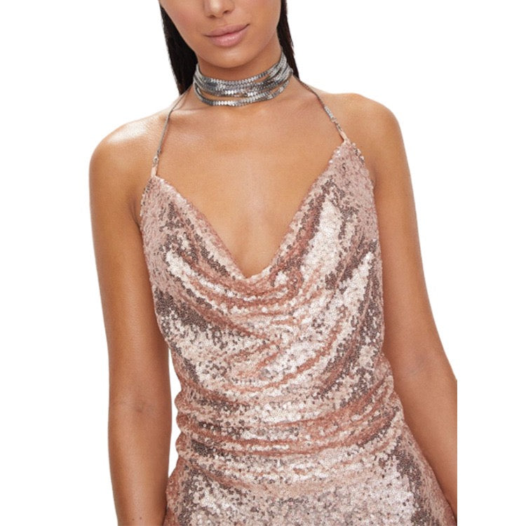 Self Love Metallic Mesh Crystal Straps Mini Dress - Fashionpara