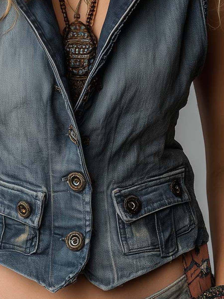 Vintage Workwear Style Distressed Blue Jean Vest - Fashionpara