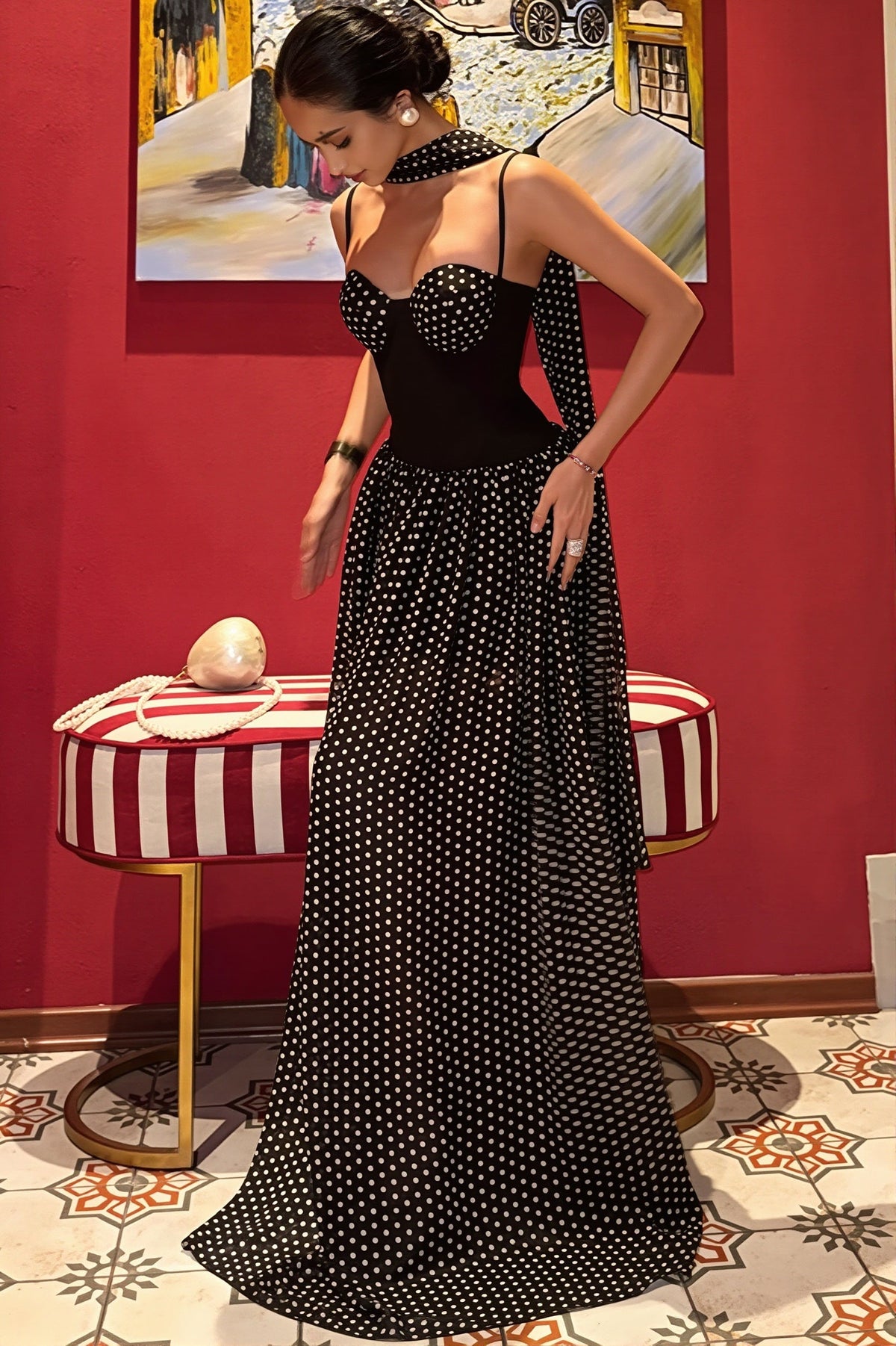 Polka Dot Spaghetti Strap Bustier Sheer Maxi Dress 4