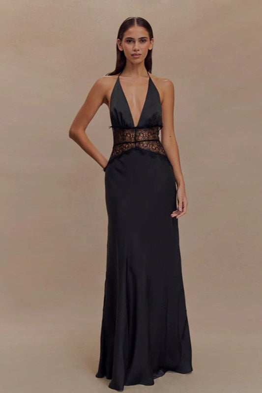 Deep V-Neck Halter Neck Backless Midi Dress
