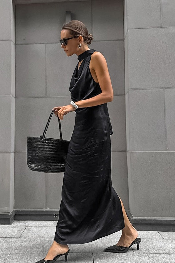 Black Satin Halter Maxi Dress