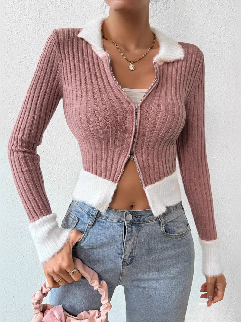 Elegant Zip-Front Fitted Knit Cardigan for Stylish Comfort