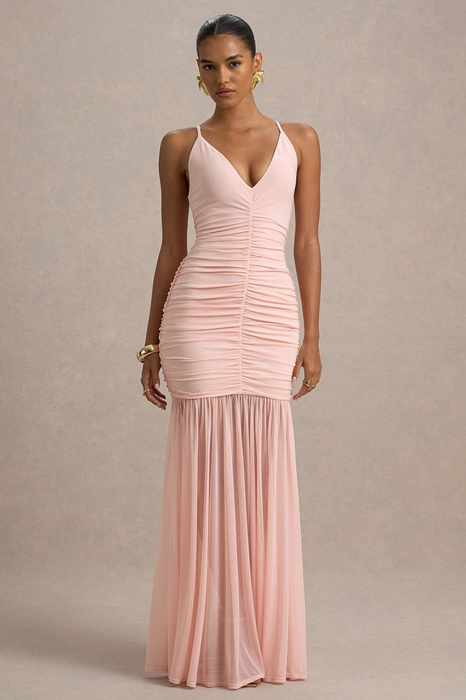 Satin Spaghetti Strap Plunge Ruched Maxi Dress - View 7
