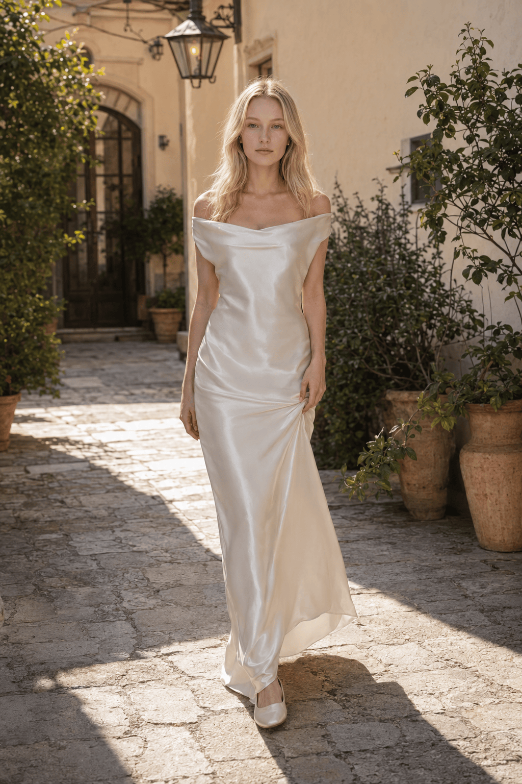 Satin Off-Shoulder Cowl Neck Bias-Cut Maxi Gown 4