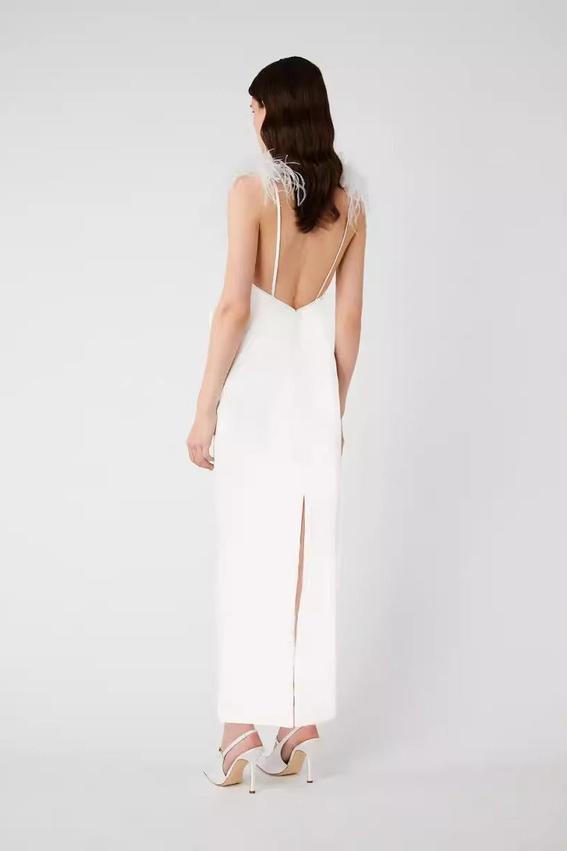 Satin Feather Trim V-Neck Bow Dress 3