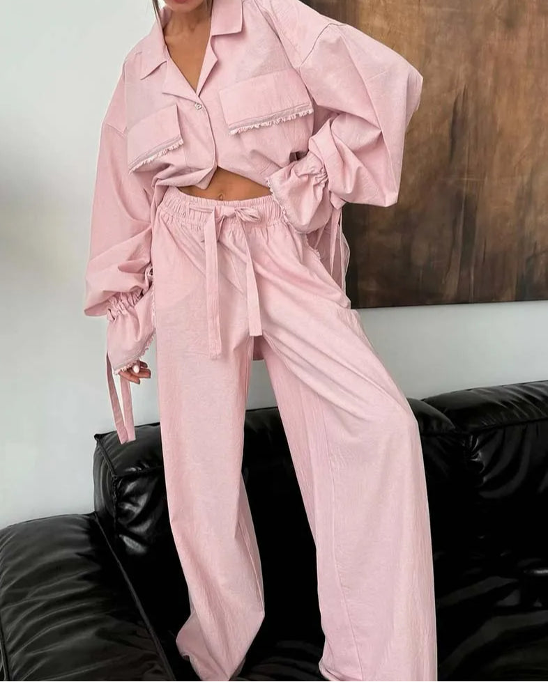 Pink Cotton Lace-Up Drawstring Pants Office Two Piece Set