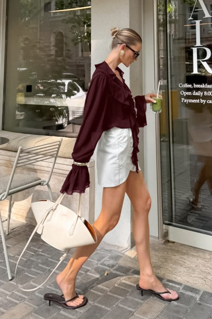 Ruffle Trim Tie Neck Blouse