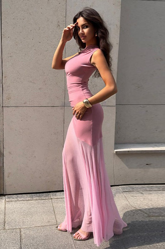 One Shoulder Ruched Mesh High Low Maxi Dress 11