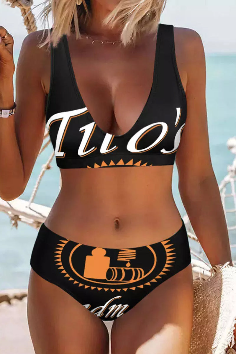 Drinks Letter Graphic Print Two Pieces Swimwear - Fashionpara