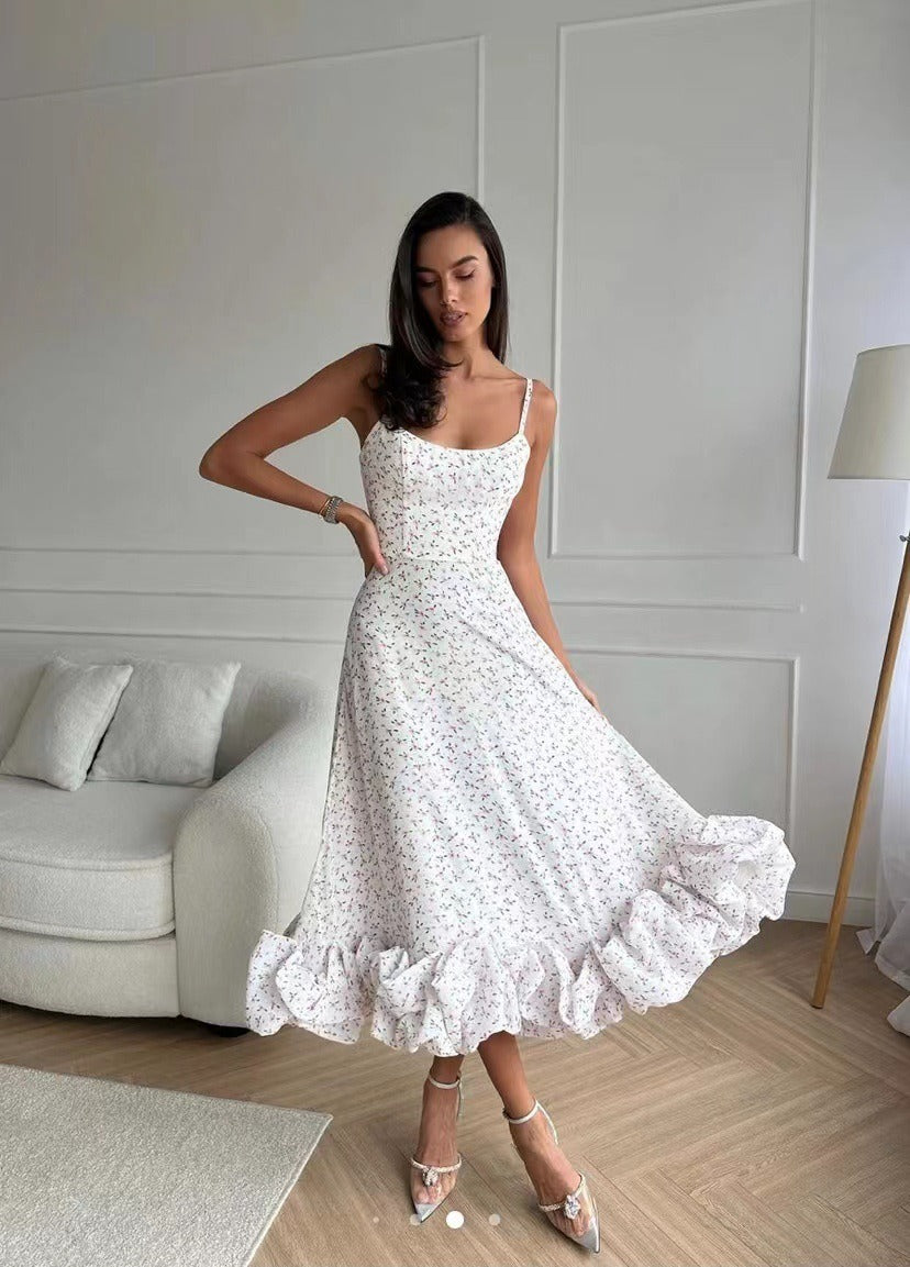 Spaghetti Strap Square Neck Ruffle Hem A-Line Midi Dress - View 6
