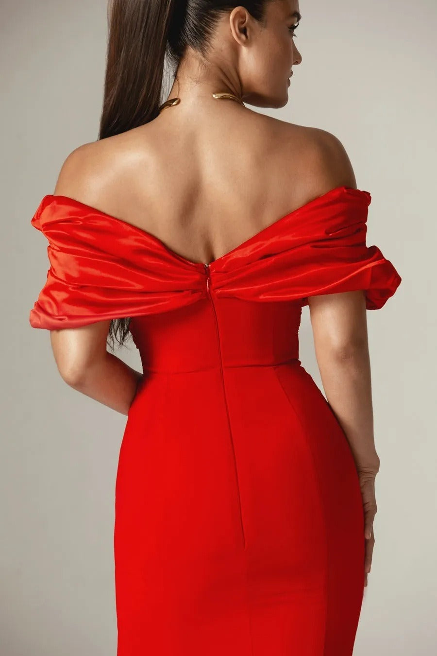 Satin Off Shoulder Ruched High Split Mermaid Gown - View 5