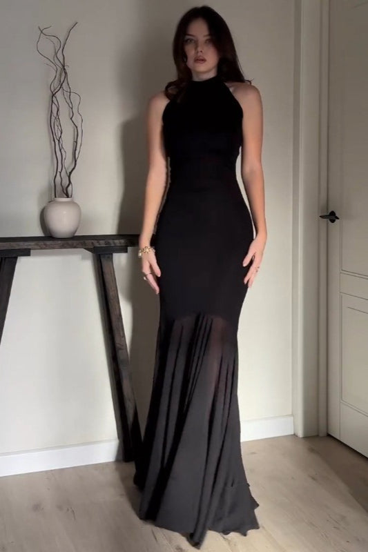 Solid Color Mesh Fitted Sexy Bodycon Maxi Dress