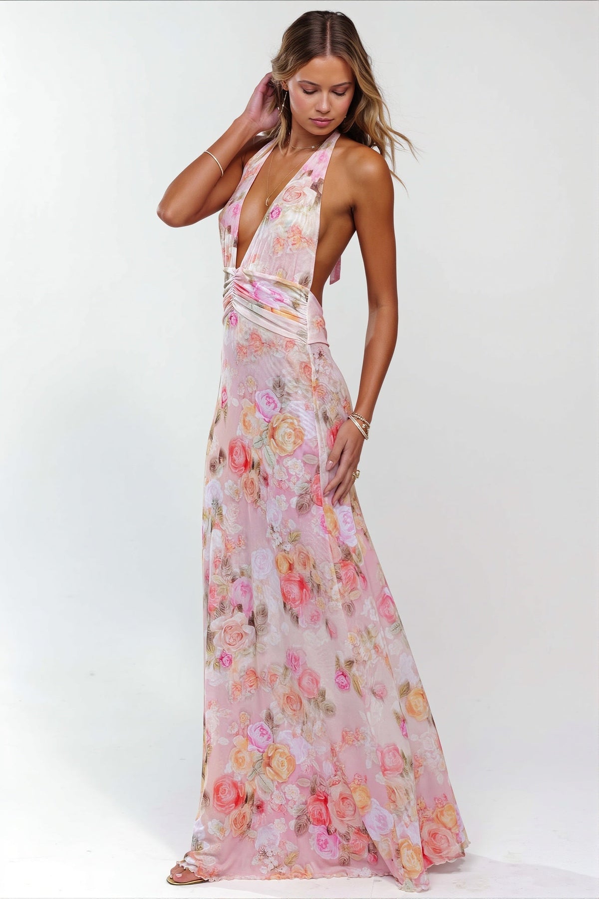 Floral Halter Deep V Backless Maxi Gown 3