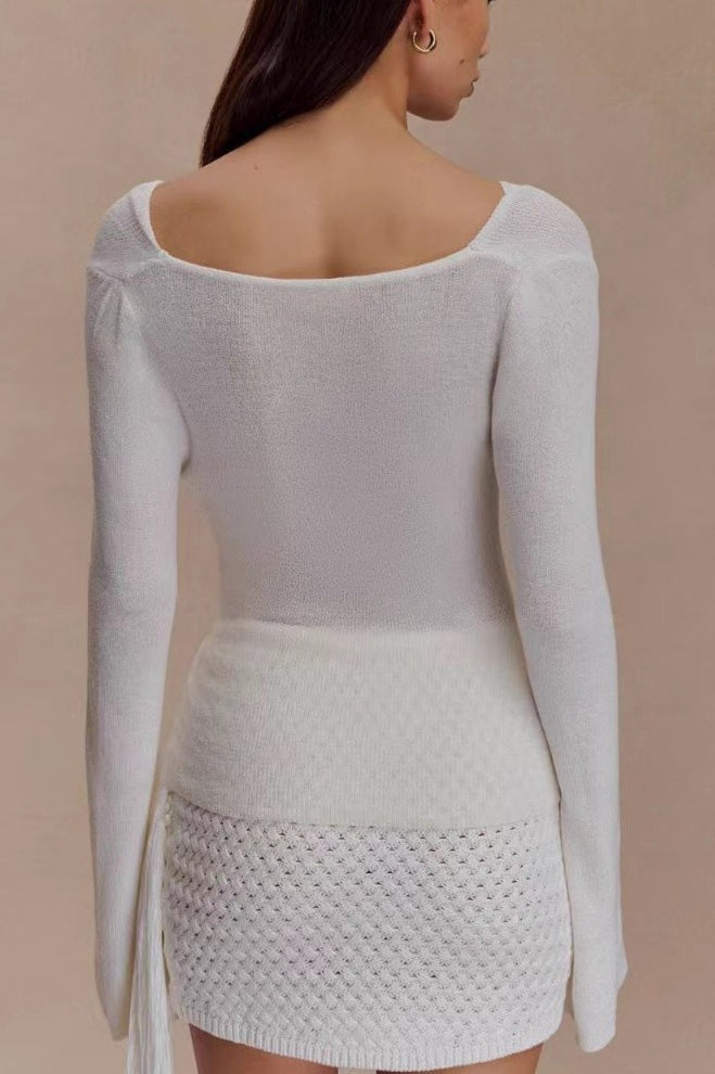 Slim-Fit Waist-Cinched Lace-Knit U-Neck Sweater 2