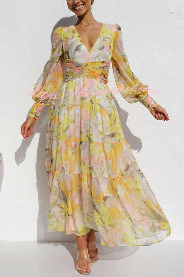 Olena Abstract Floral Balloon Sleeves Maxi Dress - Fashionpara