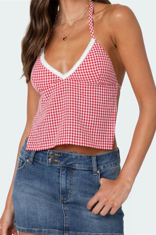 Plaid Halter Backless Deep V-neck Crop Top