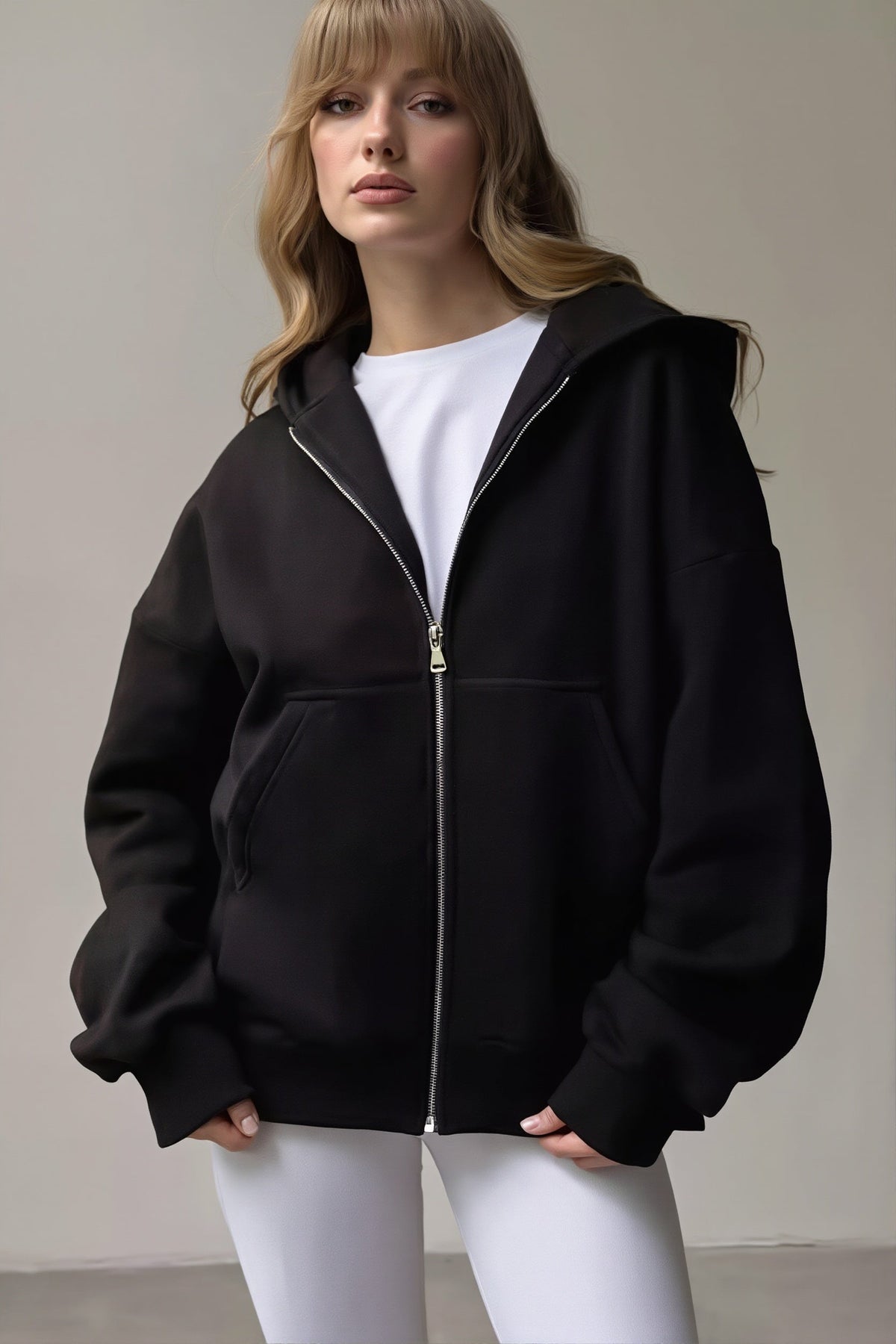 Solid Oversized Zip Up Hoodie