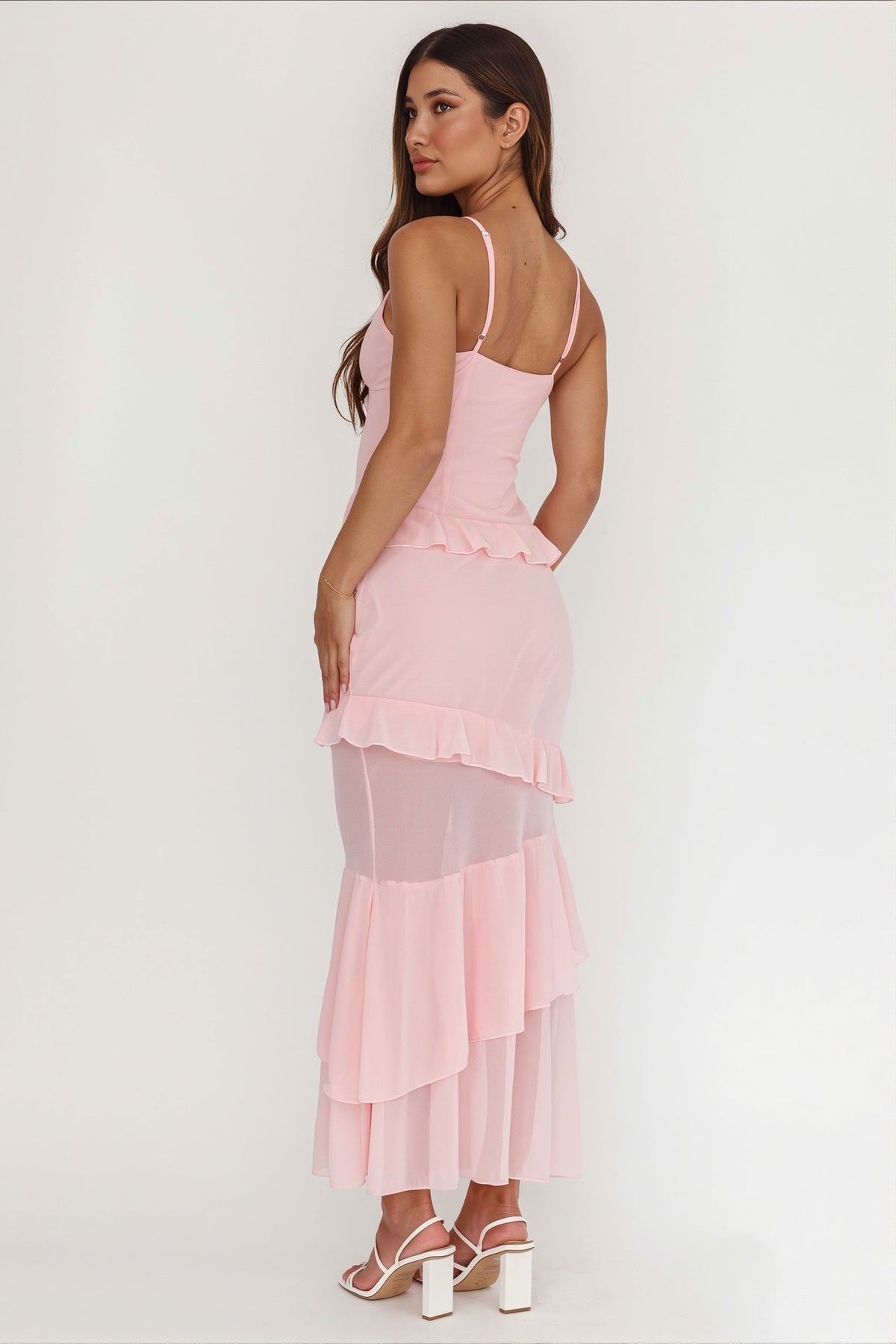 Chiffon V-Neck Rosette Ruffle Tiered Maxi Dress