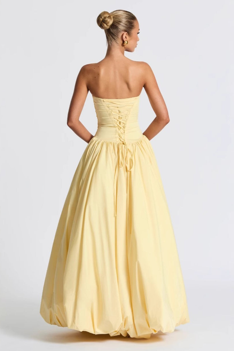 Strapless Ruched Bubble Hem High Low Maxi Gown 2