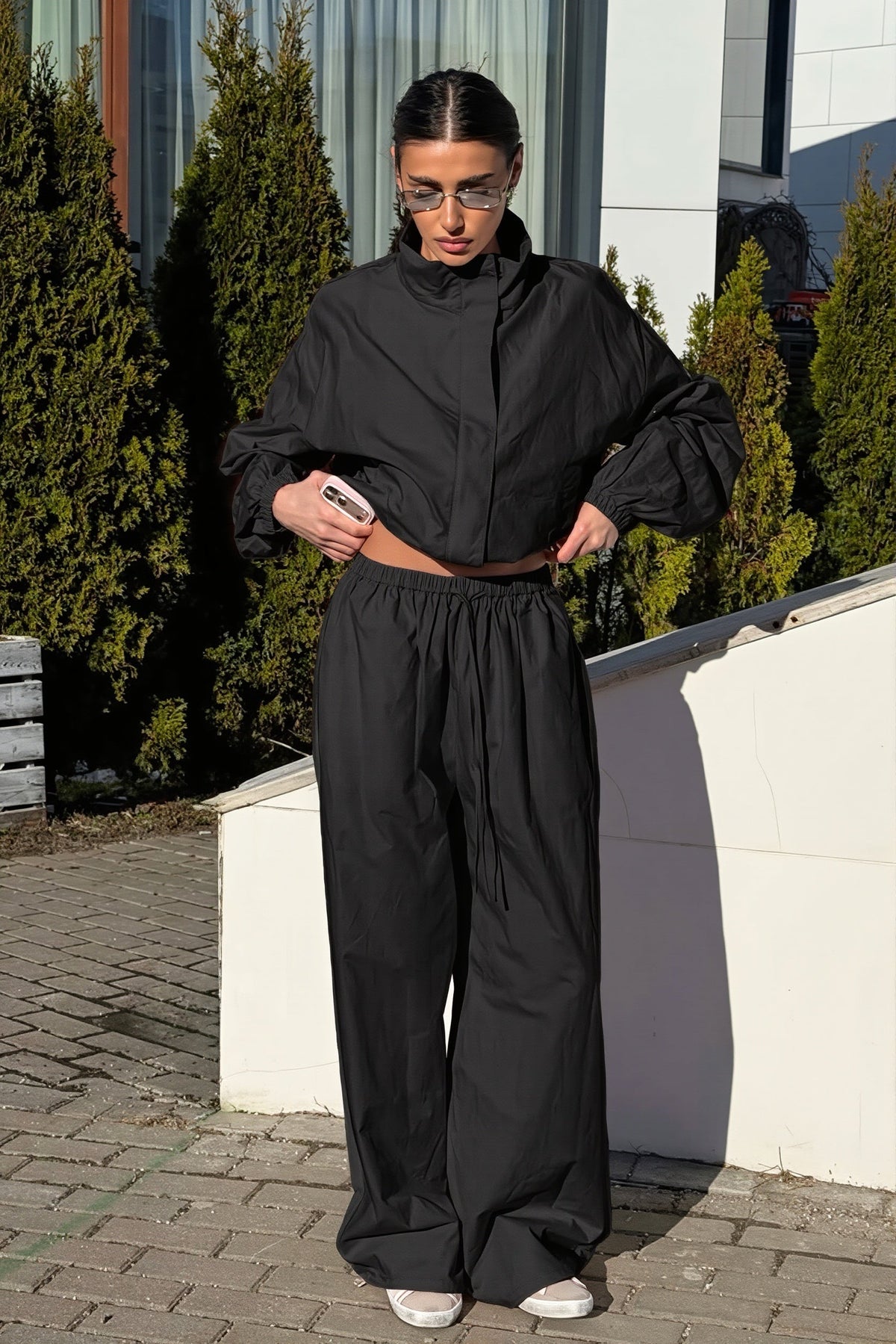 Cropped Zip Windbreaker Wide Leg Pants Set