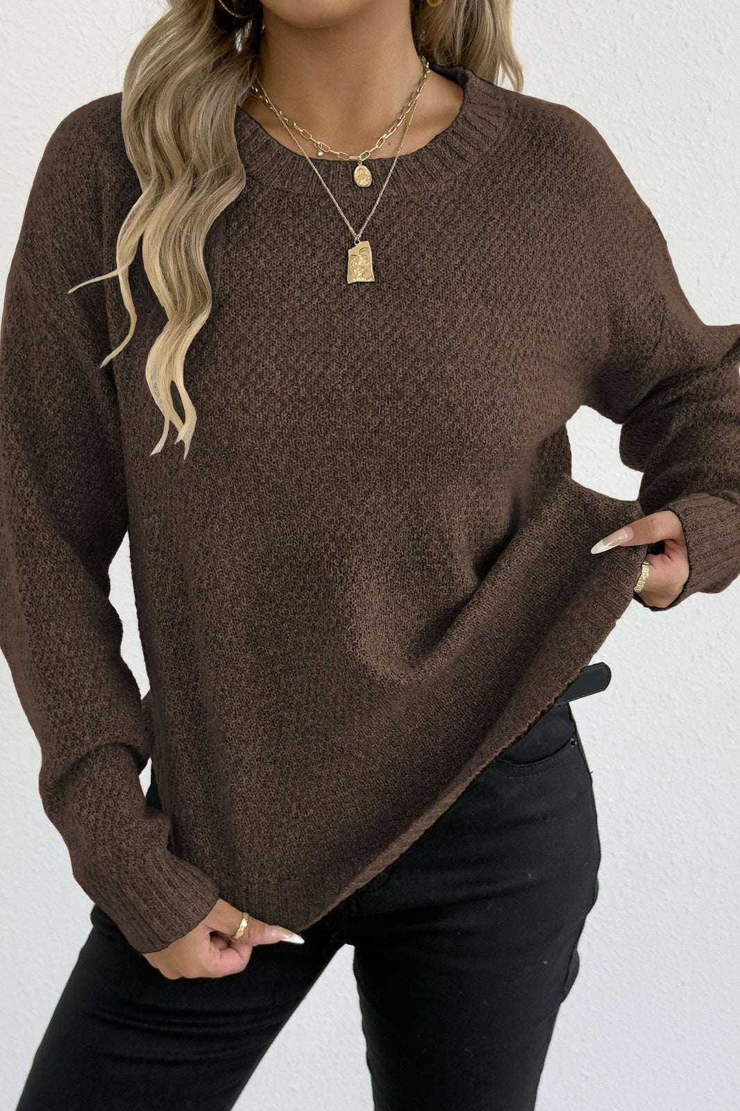 Textured Crew Neck Longline Sweater