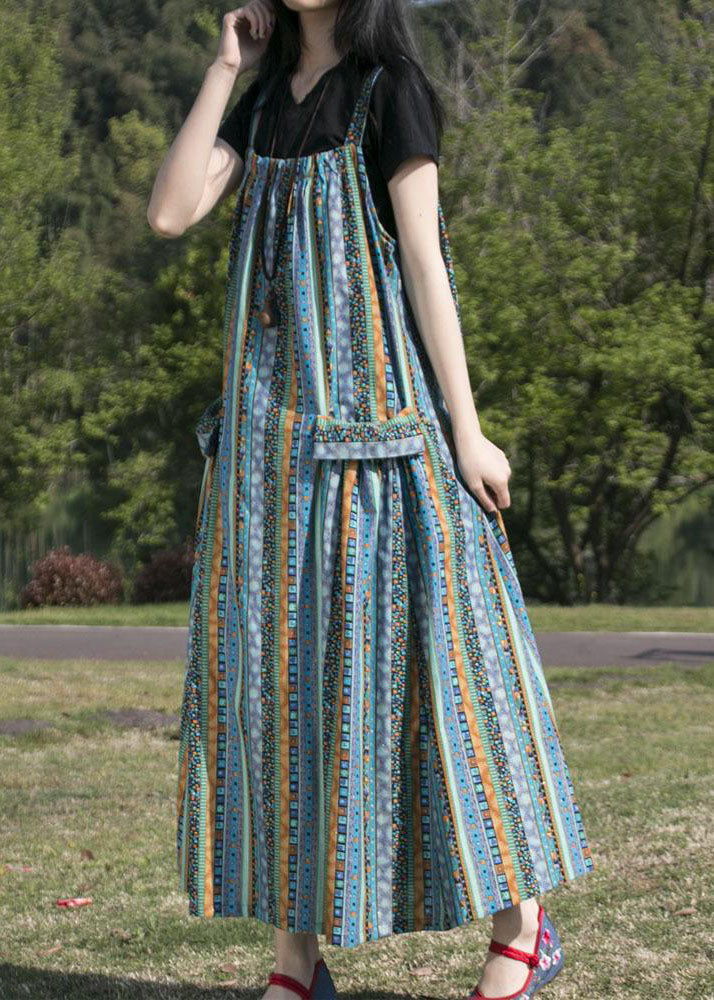 Folk Print Pocket Spaghetti Strap Oversized Maxi Pinafore Dress