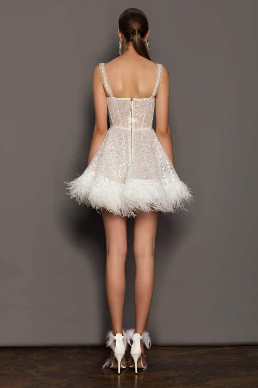 Sequin Sweetheart Spaghetti Strap Feather-Hem Mini Dress 5