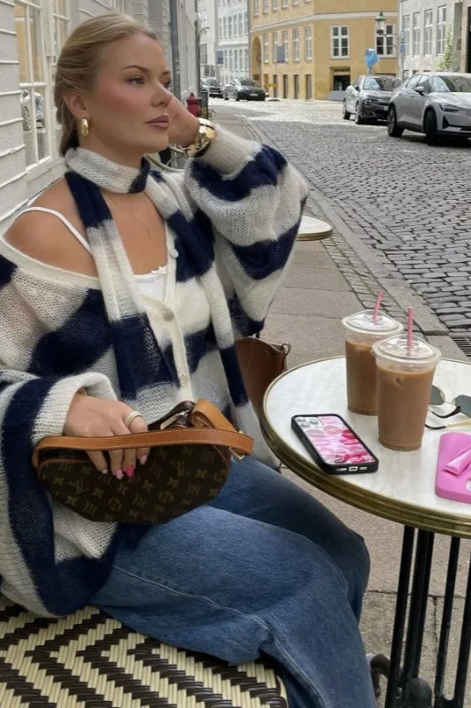 V-Neck Patchwork Knit Cardigan