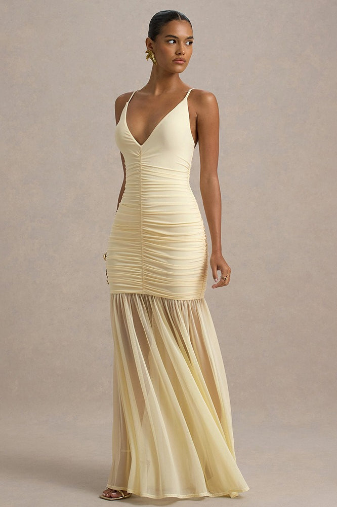 Satin Spaghetti Strap Plunge Ruched Maxi Dress - View 2