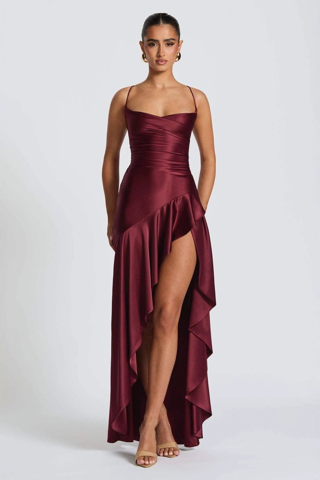 Satin Cowl-Neck Ruched Ruffle-Split Maxi Gown