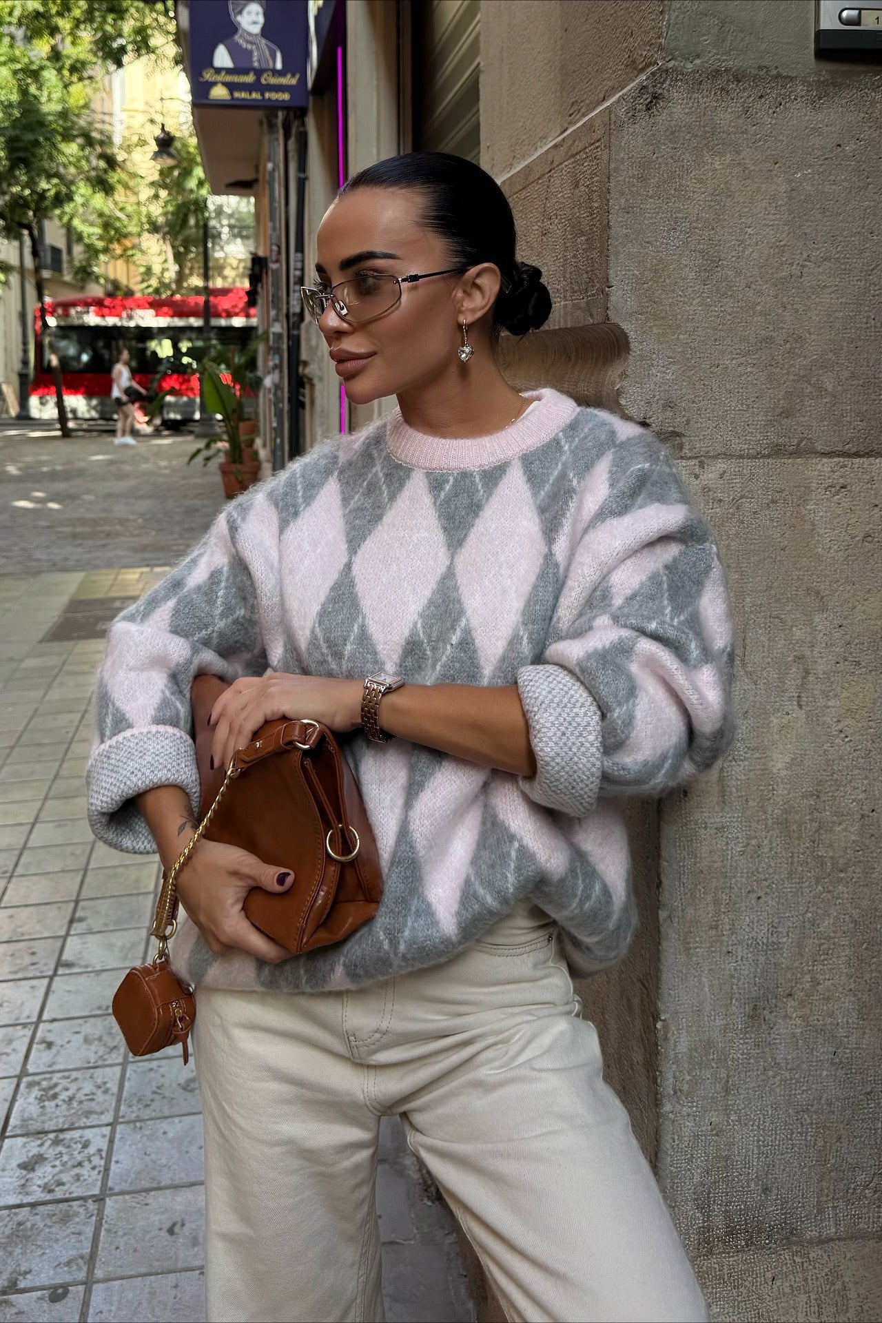 PrincessAce Luxury Argyle Knit Crewneck Street Sweater