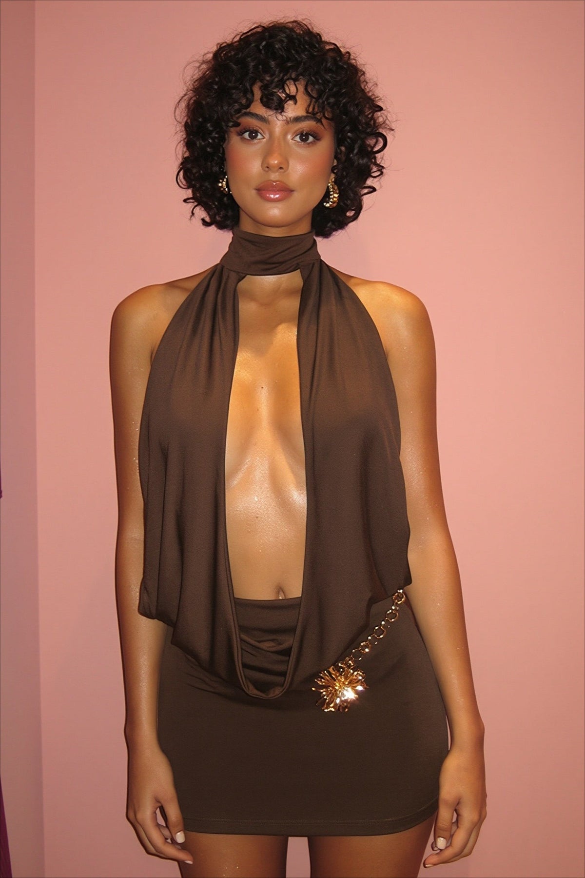 Scarf Neck Draped Plunge Sleeveless Mini Dress