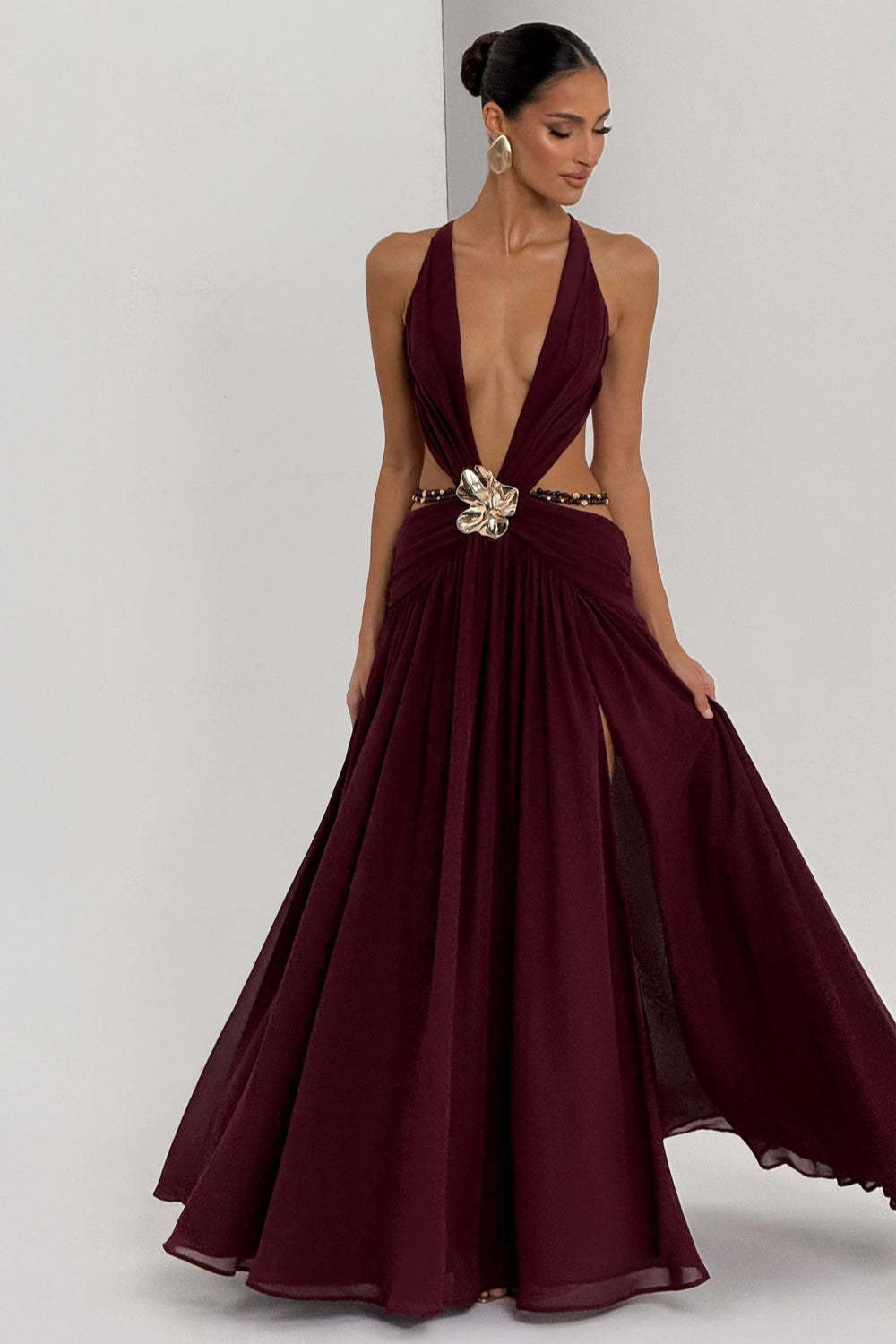 Plunge V-Neck Halter Neck High Slit Chiffon Maxi Gown 2
