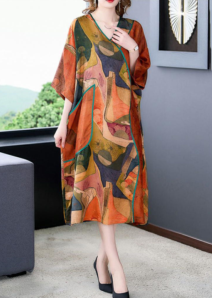 Abstract Print V-Neck Kimono Sleeve Piped Pocket Midi Shift Dress
