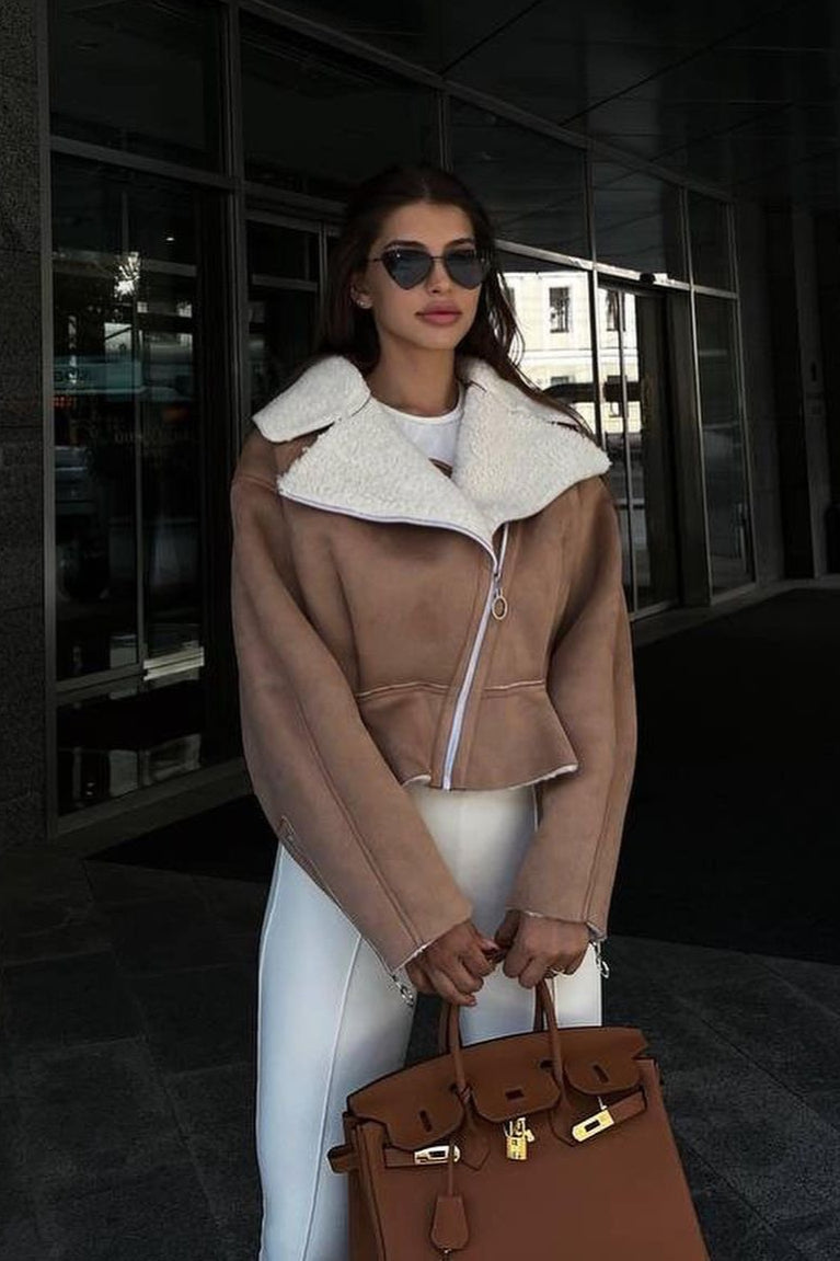 Odd Zip Leather Fur Pieced Coat 5
