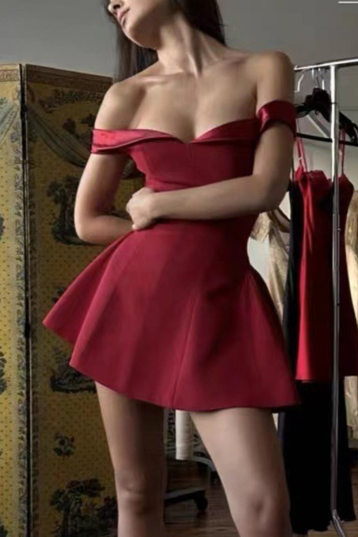Off Shoulder Sweetheart Satin Fit and Flare Mini Dress