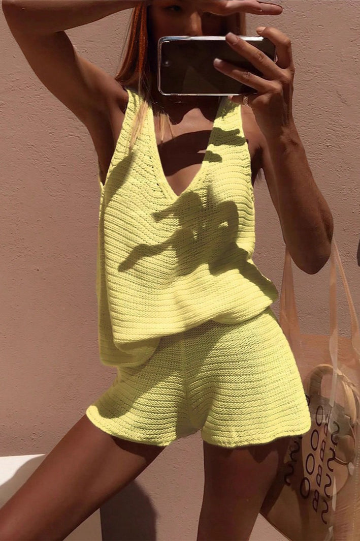 Deep V Sleeveless Knit Top and Shorts Set