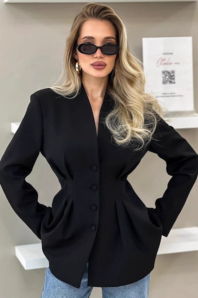 Slim Fit V Neck Blazer Coat - Fashionpara