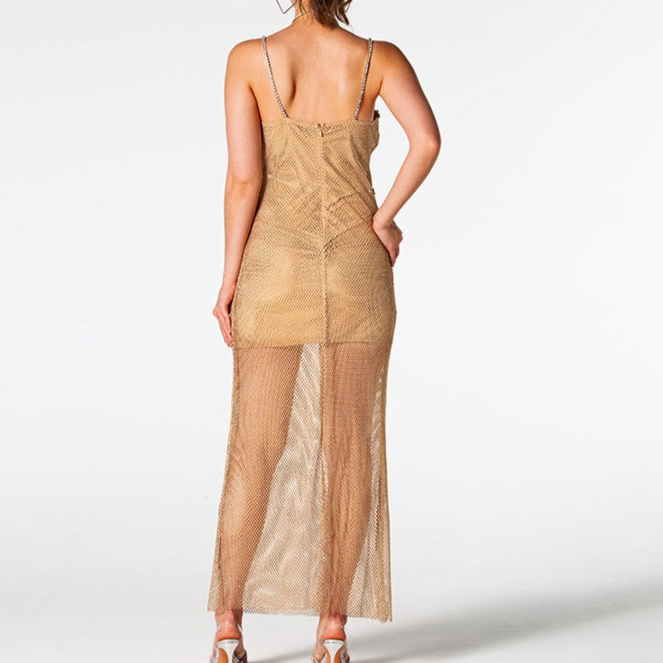 Rhinestone Mesh Strappy Bodycon Maxi Dress