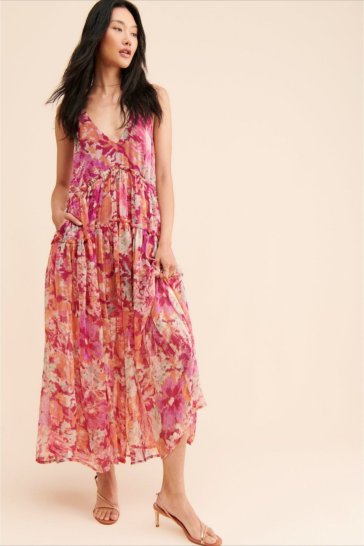 Floral Print V-Neck Tiered Chiffon Maxi Dress 2