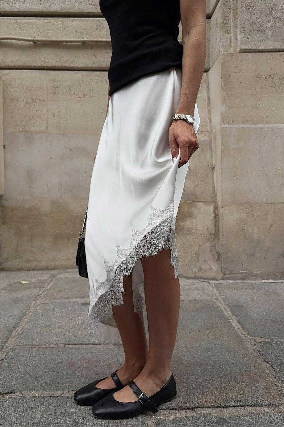 Asymmetric Lace-Hem Satin Midi Skirt