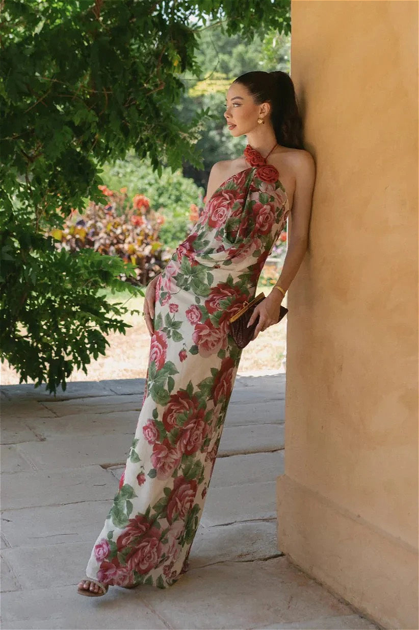 Floral Print Halter Neck Mermaid Maxi Dress