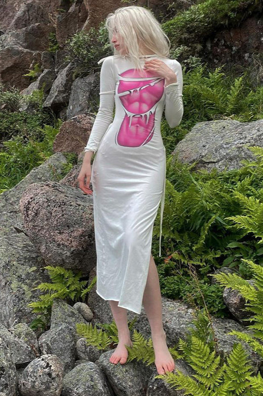 Abstract Print Side Tie Long Sleeve Maxi Dress